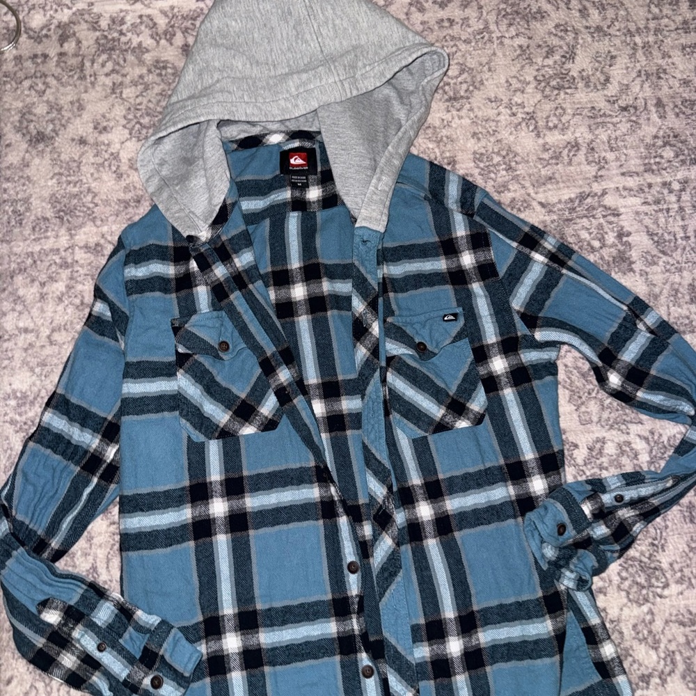 Quiksilver Light Blue and Gray Plaid Shirt medium